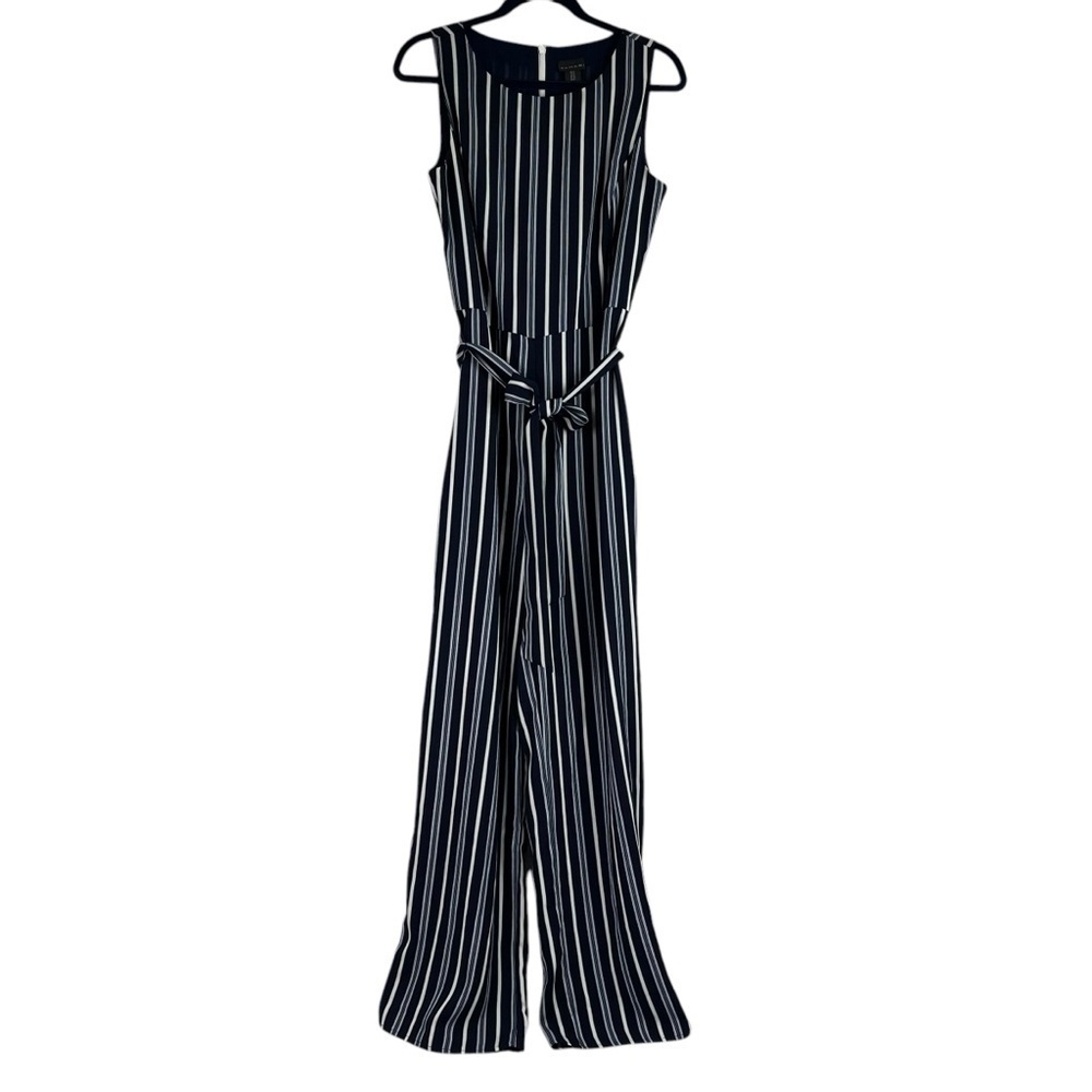 Tahari Womens Lined Wide Leg Jumpsuit Belted Romper Blue White Stripe Stretch 10 - Picture 1 of 11
